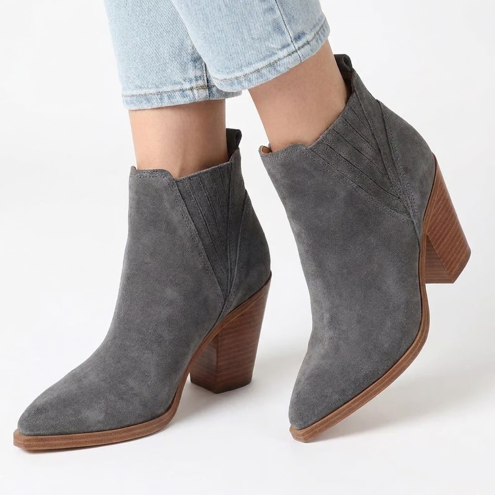 Marc Fisher Gadri Grey Suede Pointed Toe Block Heel Western Ankle Boots 6.5M